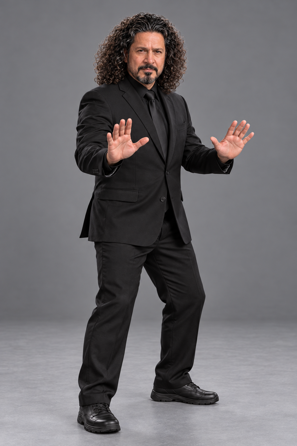 AI-assisted portrait of Reinaldo Rosado in a black suit with both palms raised